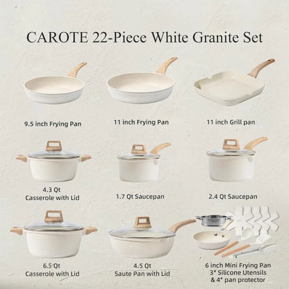 White Granite Nonstick Induction Cookware W/Grill Pan