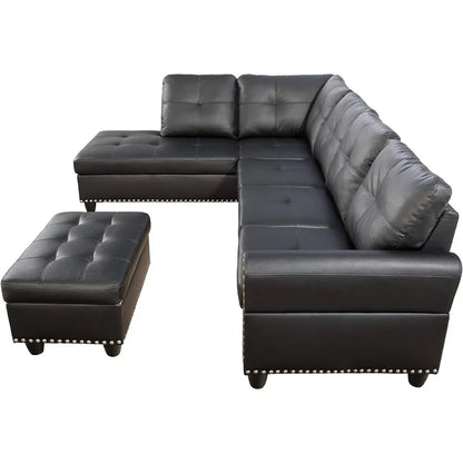 L-Shaped Sectional Sofa, With Cupholders, Storage Ottoman