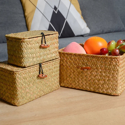 Retro Rattan Hand-woven Storage Baskets With Lid