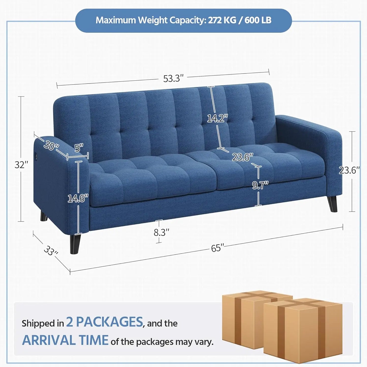 2-Seater Fabric Sofa 65″