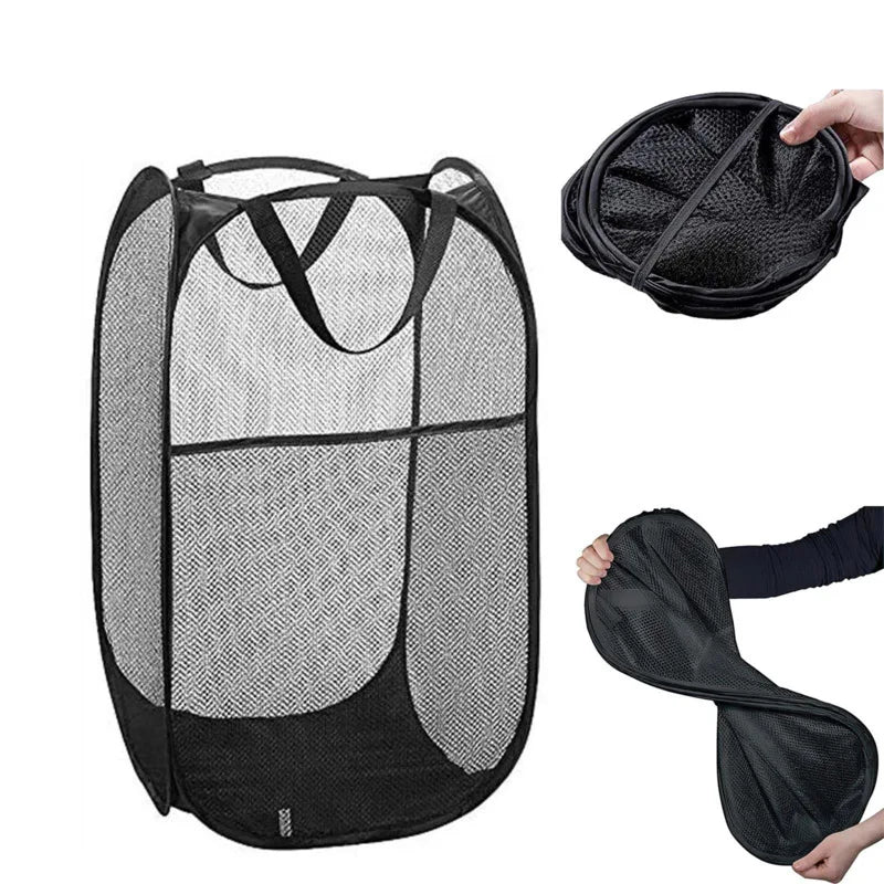 Foldable Pop Up Mesh Laundry Basket Black