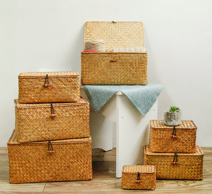 Retro Rattan Hand-woven Storage Baskets With Lid